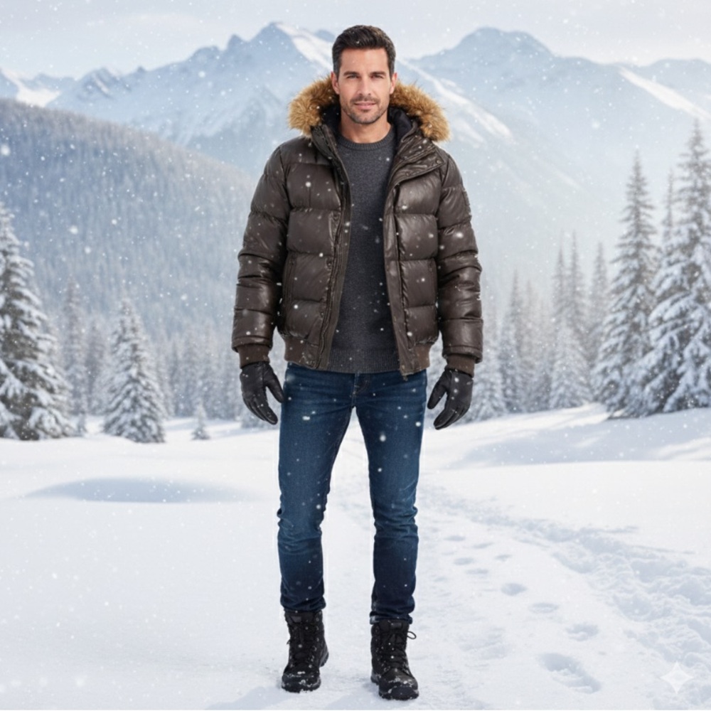 Tommy Hilfiger Men's Brown Puffer Jacket with Fur-Trim Hood